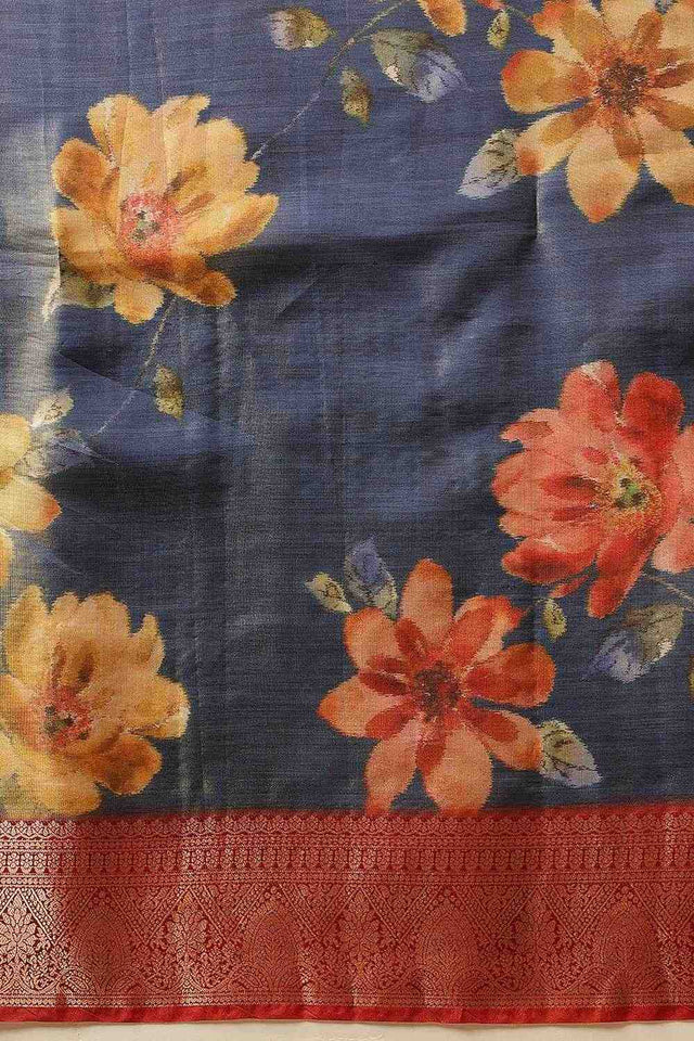 Blue Floral Printed Tissue Silk Saree