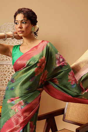 Green Floral Printed Tissue Silk Saree