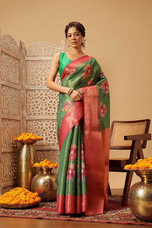 Green Floral Printed Tissue Silk Saree