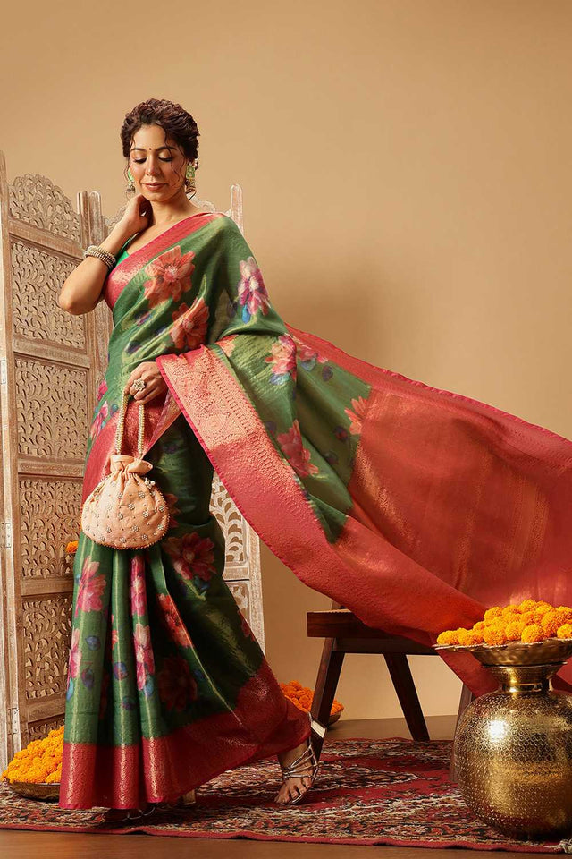 Green Floral Printed Tissue Silk Saree