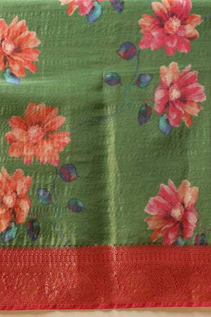 Green Floral Printed Tissue Silk Saree