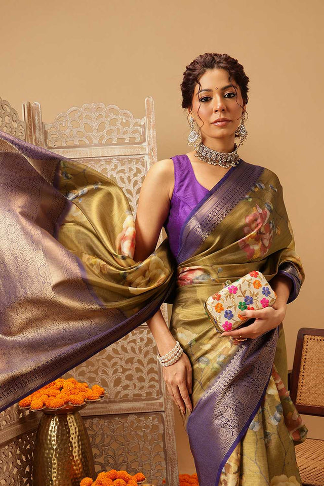 Olive Green Floral Printed Tissue Silk Saree