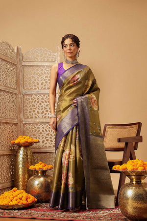 Olive Green Floral Printed Tissue Silk Saree