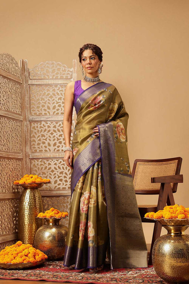 Olive Green Floral Printed Tissue Silk Saree