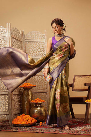 Olive Green Floral Printed Tissue Silk Saree