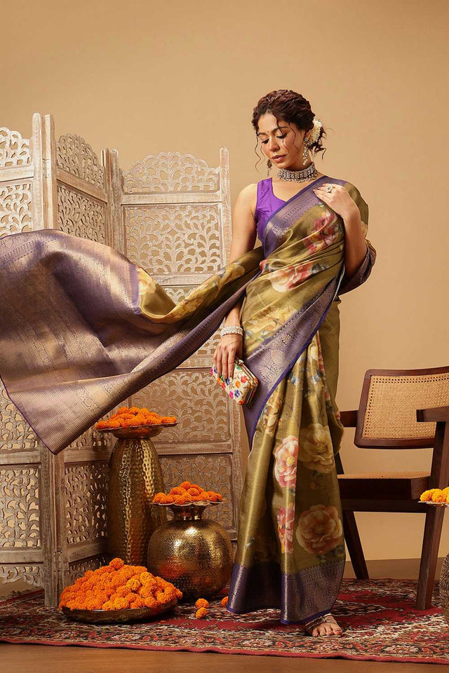 Olive Green Floral Printed Tissue Silk Saree