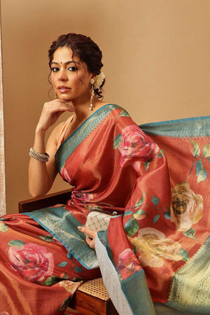 Rust Floral Printed Tissue Silk Saree