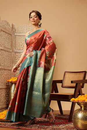 Rust Floral Printed Tissue Silk Saree