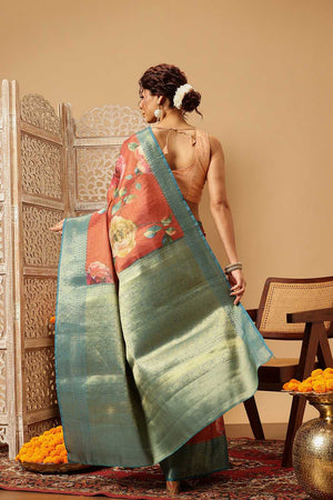 Rust Floral Printed Tissue Silk Saree