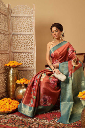 Rust Floral Printed Tissue Silk Saree