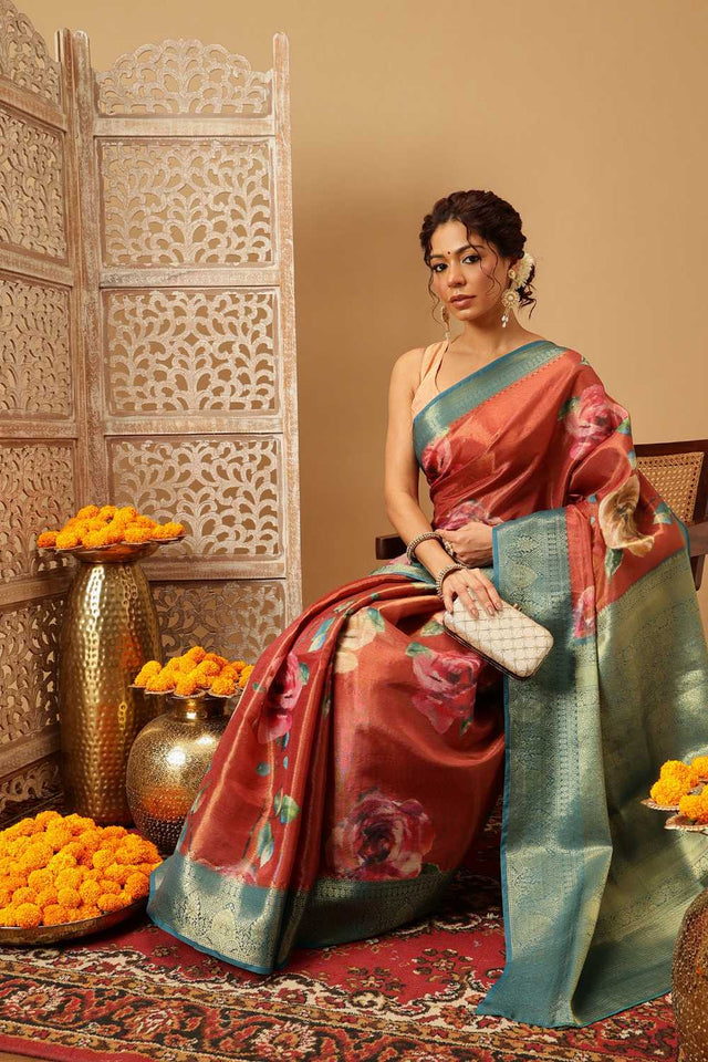 Rust Floral Printed Tissue Silk Saree