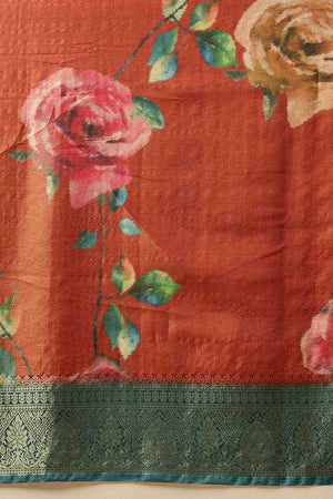 Rust Floral Printed Tissue Silk Saree