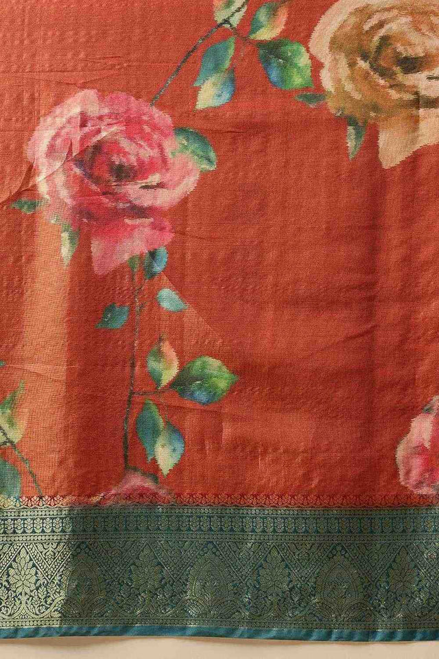 Rust Floral Printed Tissue Silk Saree
