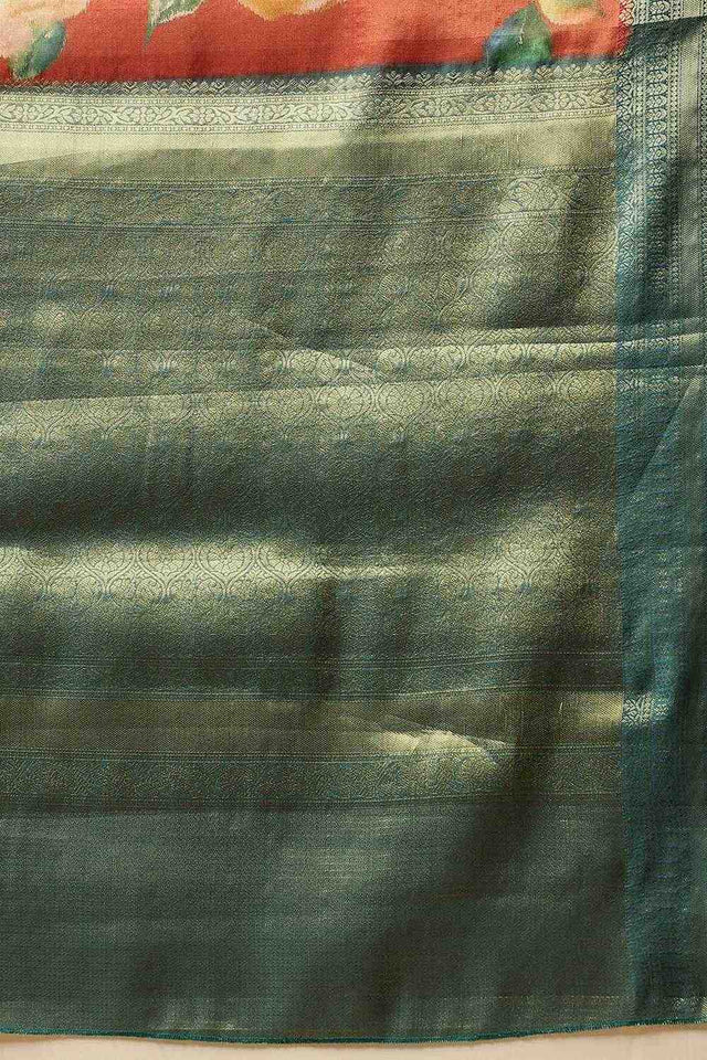 Rust Floral Printed Tissue Silk Saree