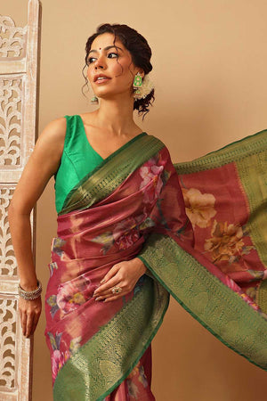 Pink Floral Printed Tissue Silk Saree