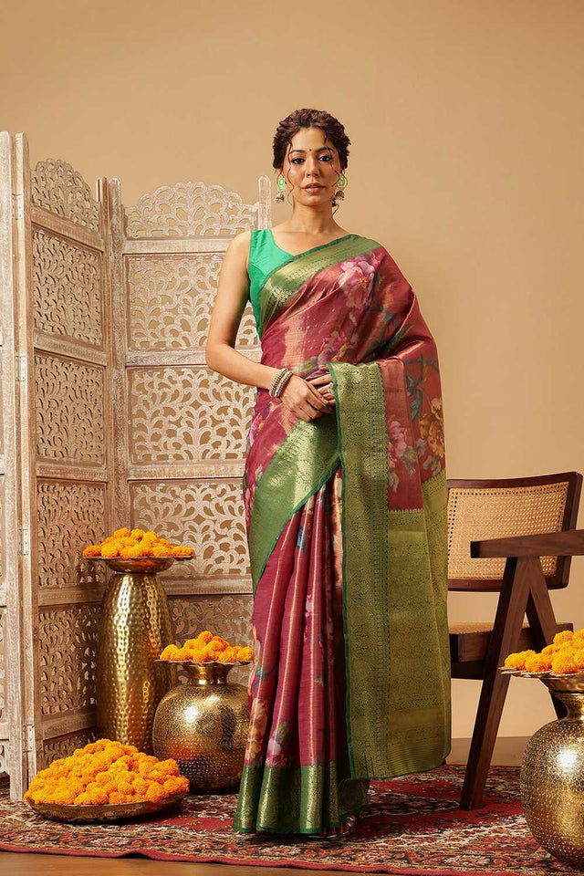 Pink Floral Printed Tissue Silk Saree