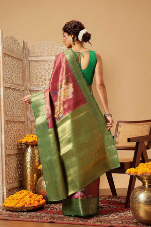 Pink Floral Printed Tissue Silk Saree