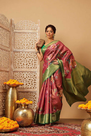 Pink Floral Printed Tissue Silk Saree