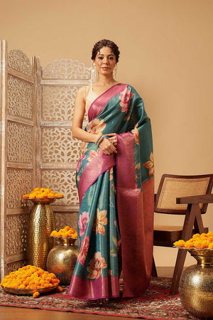 Turquoise Floral Printed Tissue Silk Saree