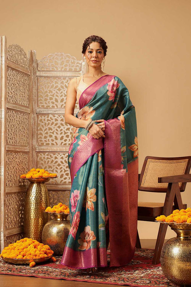 Turquoise Floral Printed Tissue Silk Saree