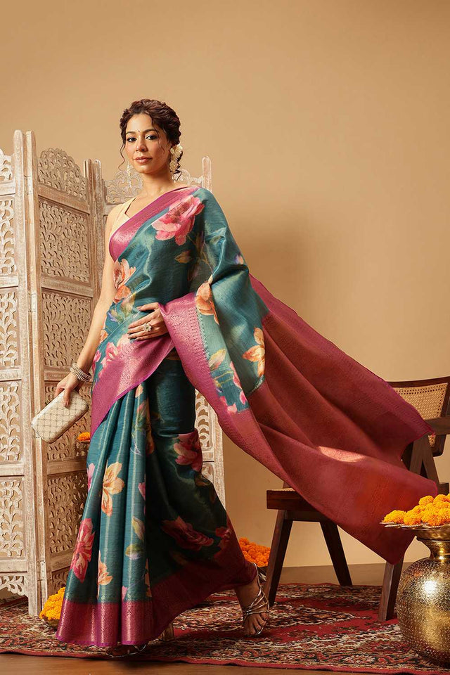 Turquoise Floral Printed Tissue Silk Saree