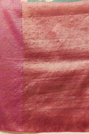 Turquoise Floral Printed Tissue Silk Saree