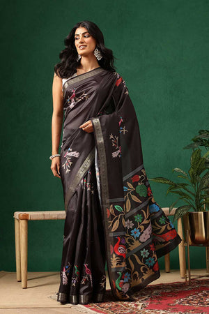 Black Floral Printed Art Silk Saree
