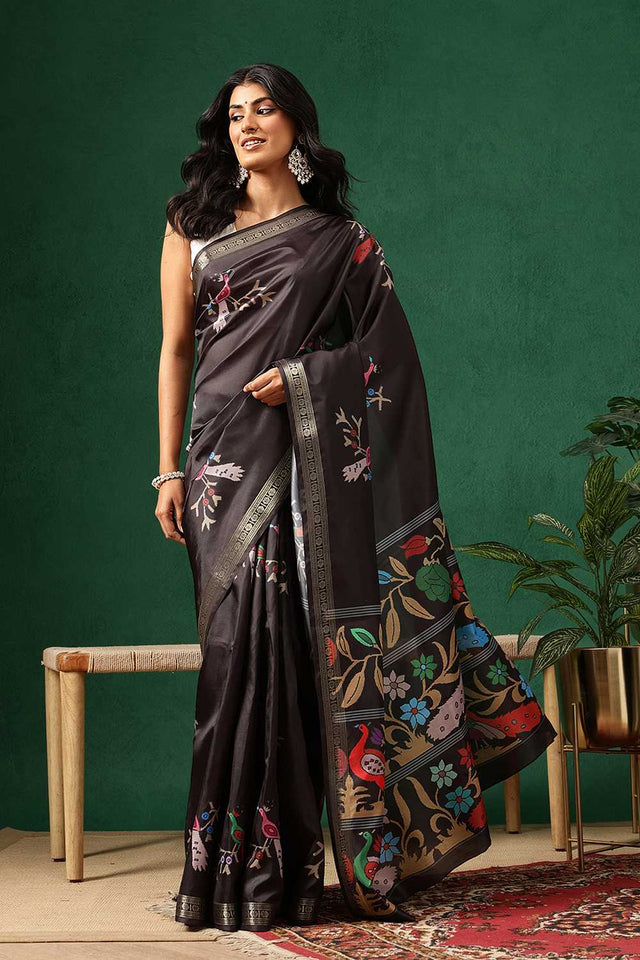 Black Floral Printed Art Silk Saree