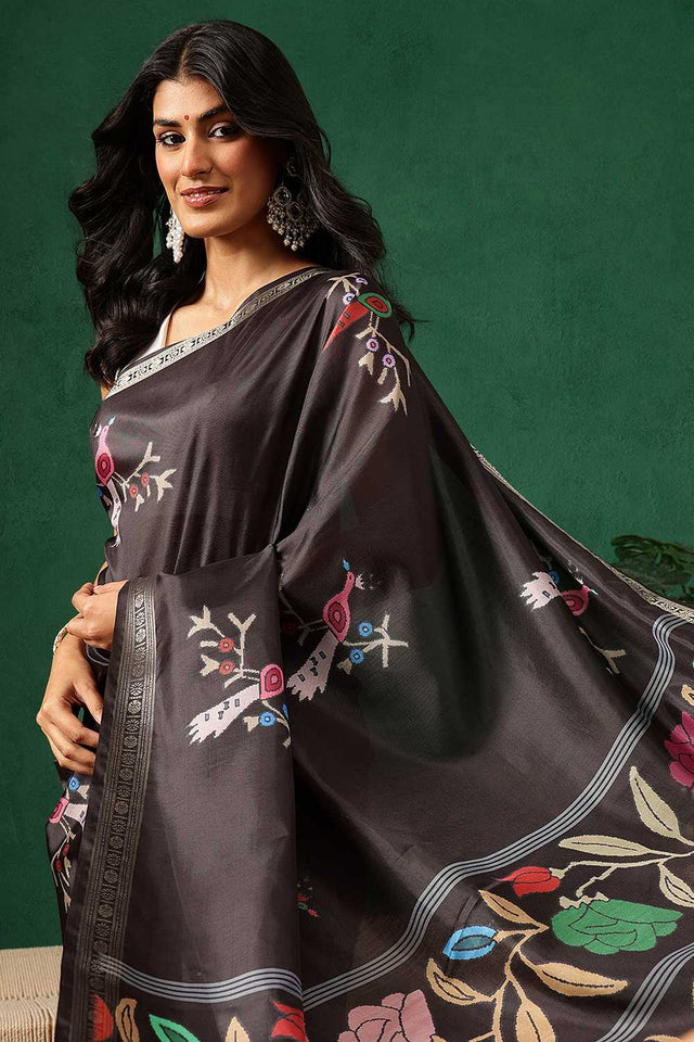 Black Floral Printed Art Silk Saree