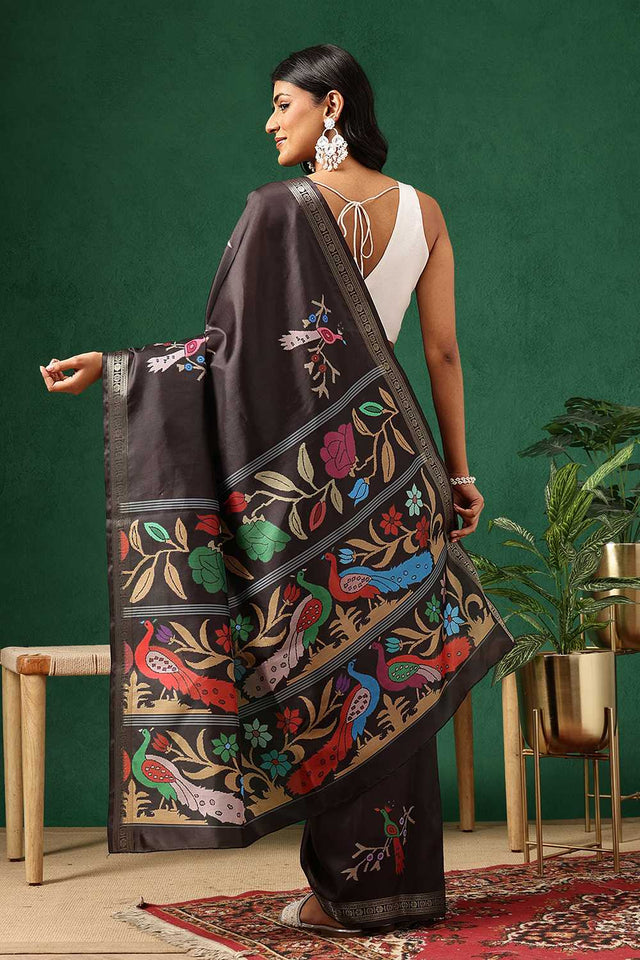 Black Floral Printed Art Silk Saree