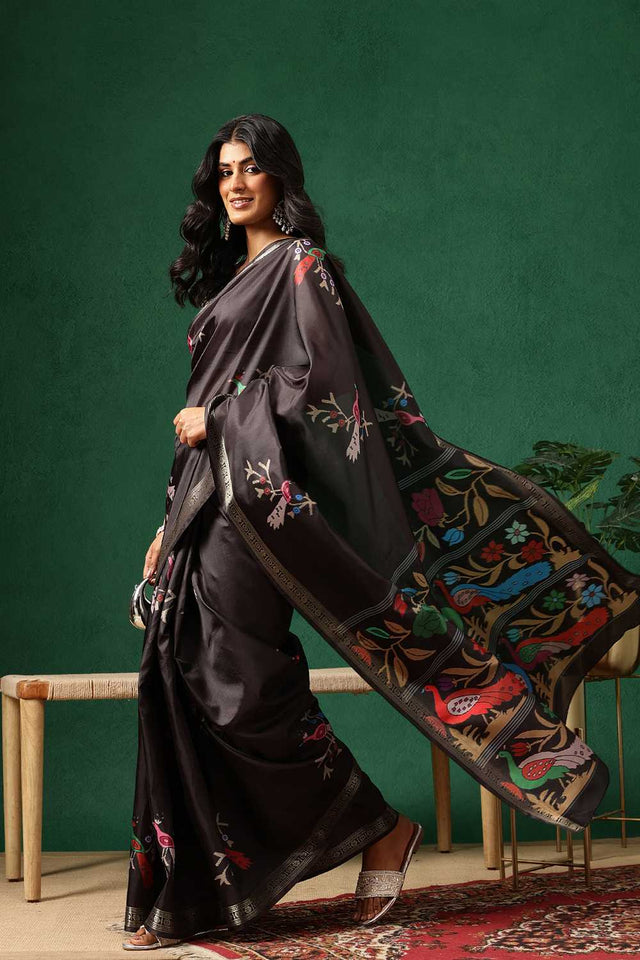 Black Floral Printed Art Silk Saree