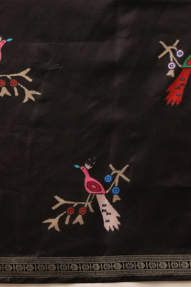 Black Floral Printed Art Silk Saree