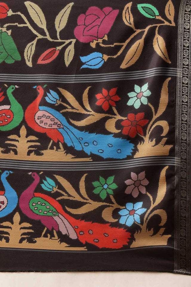 Black Floral Printed Art Silk Saree
