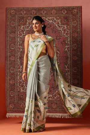 Olive Green Floral Printed Art Silk Saree