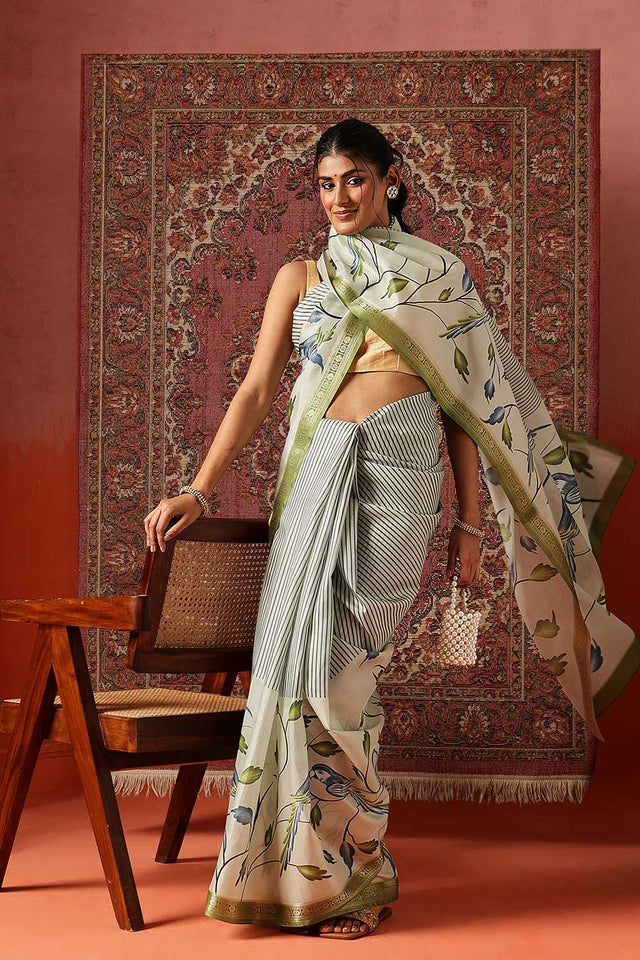Olive Green Floral Printed Art Silk Saree
