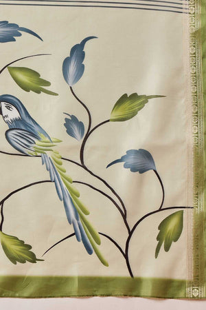 Olive Green Floral Printed Art Silk Saree