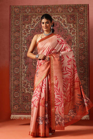 Orange Floral Printed Art Silk Saree