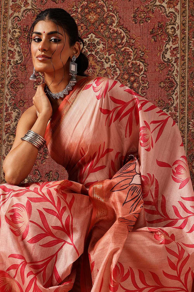 Orange Floral Printed Art Silk Saree