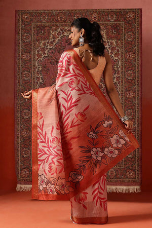 Orange Floral Printed Art Silk Saree