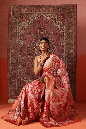 Orange Floral Printed Art Silk Saree