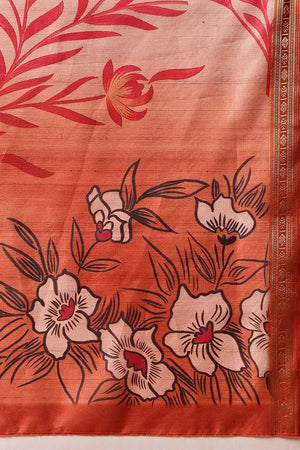 Orange Floral Printed Art Silk Saree