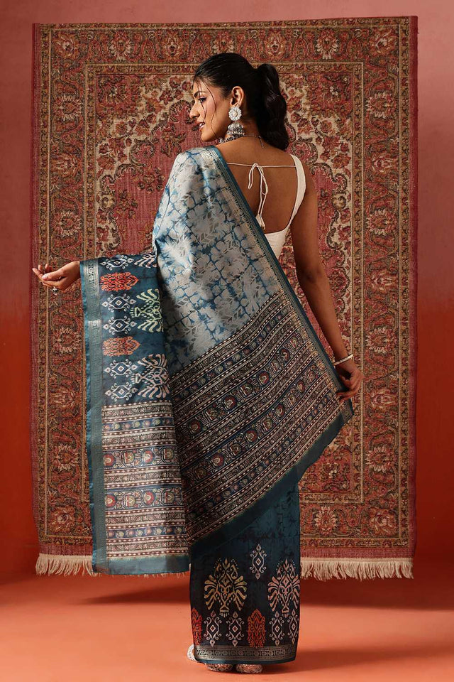 Turquoise Floral Printed Art Silk Saree