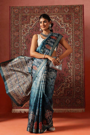 Turquoise Floral Printed Art Silk Saree
