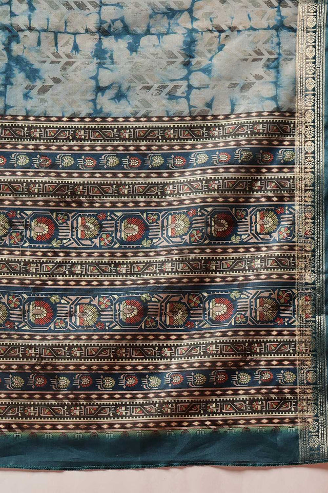 Turquoise Floral Printed Art Silk Saree