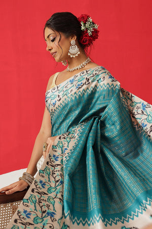 Turquoise Printed Silk Saree (SZ-DGMAYA-2549)