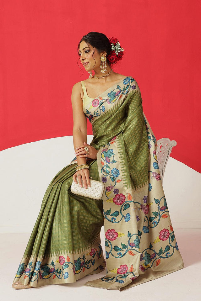 Olive Green Printed Silk Saree (SZ-DGMAYA-2554)