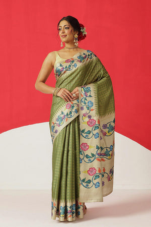 Olive Green Printed Silk Saree (SZ-DGMAYA-2554)