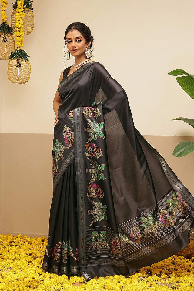 Black Kalamkari Printed Art Silk Saree (SZ-DGMAYLI-1-BL-3105)