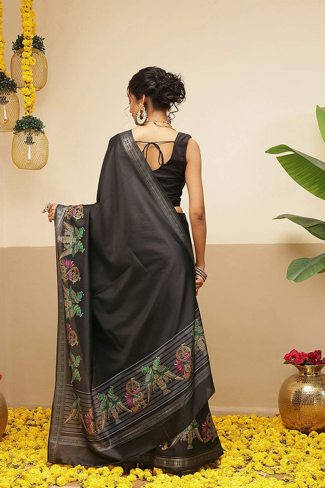Black Kalamkari Printed Art Silk Saree (SZ-DGMAYLI-1-BL-3105)
