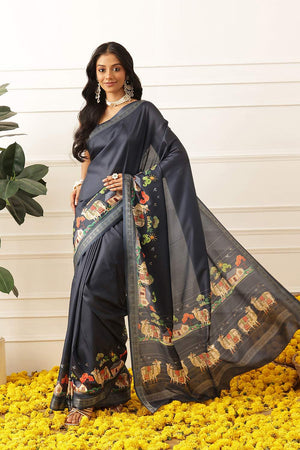 Navy Blue Animal Printed Art Silk Saree (SZ-DGMAYLI-1-NB-3103)